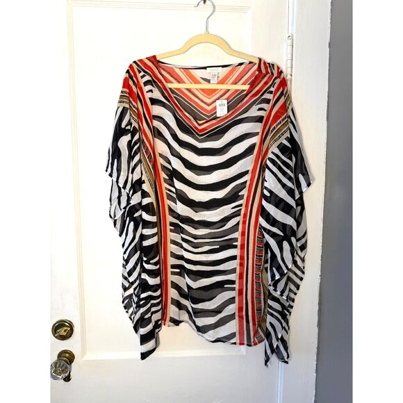 Chico's Abstract Zebra Sheer Poncho Tunic Beach Swim Cover Up Zebra Print - Picture 1 of 4